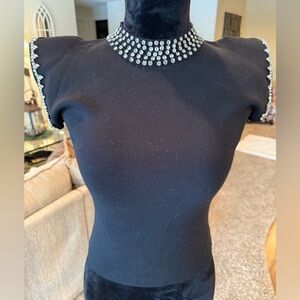 NWT Lizette Collection Black Top Rhinestone Trim Neck Cap Sleeves Size M